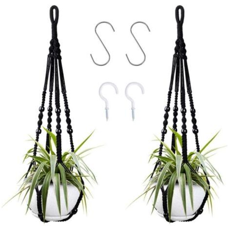 Suspension pour plantes avec perles en bois - 85 cm - Corde de coton noire - Lot de 2 paires (1/4)