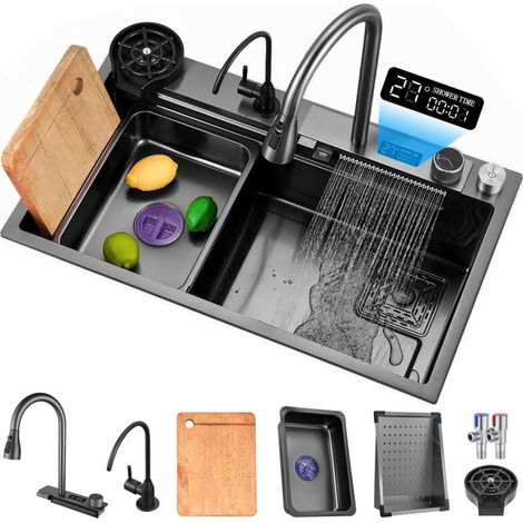 Evier Cuisine Multifonction, Éviers de Cuisine Inox 1 Bac, Evier Multifonction de Lavabo Cuisine avec Extractible Robinetterie en Cascade Rinceuse en Verre (70x45cm)