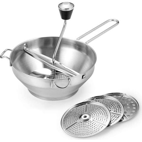 Moulin à Aliments - Presse à Légumes et Fruits en Acier Inoxydable - Pour Purée, Compote, Jus, Gelée et Pâté - 3 Disques Perforés (2 mm, 3 mm, 7 mm) - 1 Pièce (1/5)