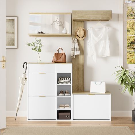 Mobile guardaroba da ingresso in truciolare bianco e naturale, set 4 elementi salvaspazio 130x30x174 cm (1/5)