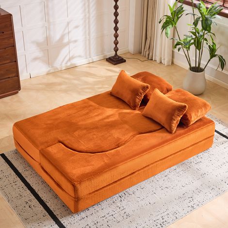 Grand canapé de sol moderne orange avec 4 coussins déco, canapé en flanelle confortable, matelas pliant en mousse haute densité, adapté au salon, à la chambre d'amis et à la chambre, aucun assemblage (1/5)
