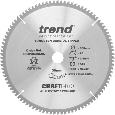 Trend Lama per sega circolare CraftPro TCT a gancio negativo, diametro 305 mm x 96 denti x foro 30 mm, punta in carburo di tungsteno, CSB/CC30596