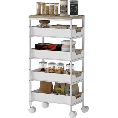 Chariot de cuisine 5 niveaux avec surface imitation bois et cadre métal, 4 tiroirs, roulettes, blanc (1/5)