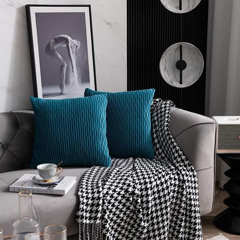 Federa turchese 45 cm x 45 cm: set di 2 federe decorative quadrate in velluto a righe originale per divano da camera da letto (1/4)