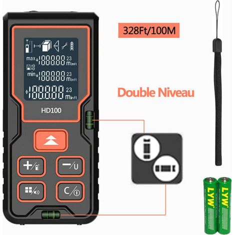 Telemetre Laser Numerique 100m Ecart 2mm LCD Retro eclairage 2 Niveaux de Bulles Mesure de Distance Surface Volume Pythagore (1/5)