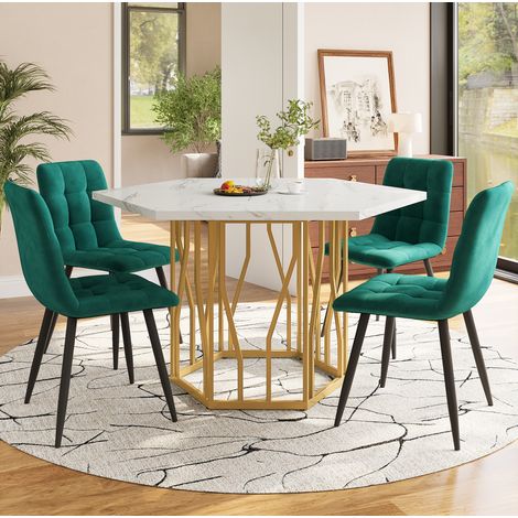 Ensemble table et chaises 5 pièces, table hexagonale effet marbre, vert HAVRYA (1/5)
