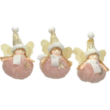 Angelo fatina rosa oro pelliccia pallina addobbi decorazioni per albero di natale 6pz con trecce cappello h 12 cm (1/5)