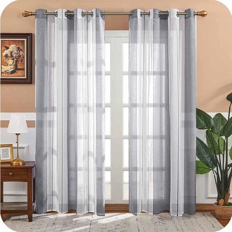Rideaux Voilage - FOLAYA - 140x245 cm - Blanc et Gris - Rayures - Œillets (1/4)