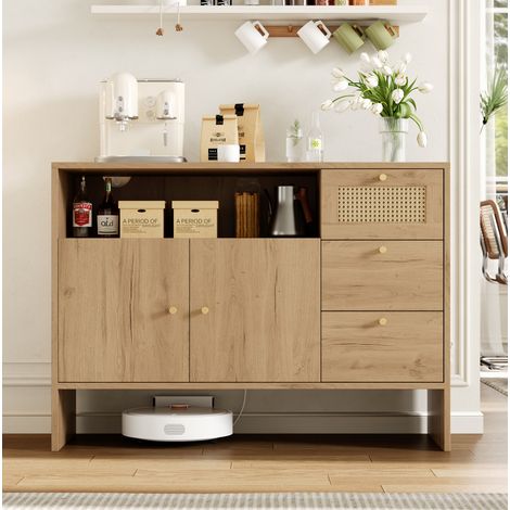 Buffet en panneaux de particules coloris naturel avec 2 portes, 3 tiroirs et niche ouverte, détails rotin 105 x 40 x 76 cm (1/5)