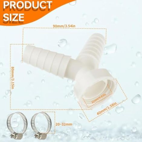 Adaptateur de vidange pour lave-vaisselle et machine à laver, Adaptateur en Y pour tuyau avec bec d'entrée de 19 à 24 mm et sortie DN 25, Set Inclut 2 Pièces Collier de Serrage (1/4)