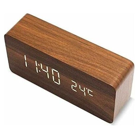 Réveil moderne en bois - LED Réveil en Bois Numérique Réveil Bureau Date Température Affichage Humidité 12/24 Heure - Pour la maison, la chambre à coucher, le bureau (Marron) -DPZO