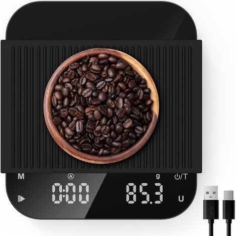 Rechargeable Balance à Café avec Minuterie, 3kg/0.1g Balance de Cuisine Affichage LED, 6 Unité, Couvercle en Silicone, Minuterie Automatique/Manuelle, Haute Précision pour Espresso, Café Versé (1/5)