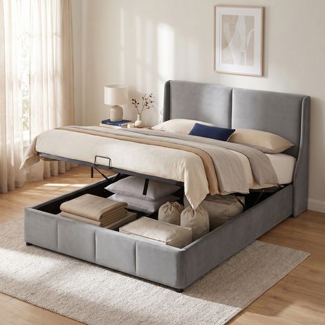 Lit coffre double 140x190 cm avec sommier relevable hydraulique, grand rangement, tête de lit rembourrée, velours gris