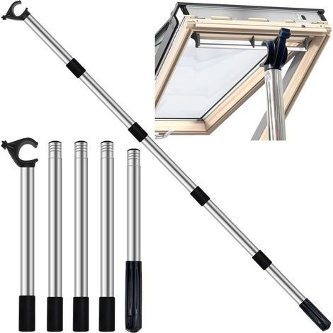 Canne Télescopique pour Fenêtre de Toit/Store, Perche Telescopique Conçu pour Contrôler les Lucarnes, Robuste en Acier Inoxydable avec Crochet Universel, Télescopique Extensible Jusqu'à 186 cm (1/5)