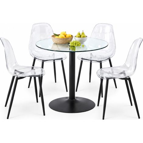 ELVMI Conjunto de Mesa y Sillas con 1 Mesa Redonda y 4 Sillas, Vidrio Templado, Metal y Plástico, Negro Transparente (1/5)