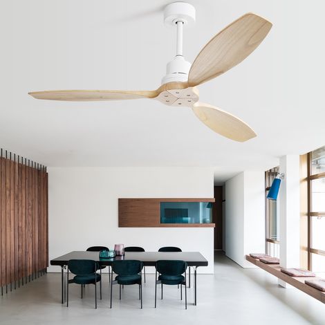 Ventilateur de plafond 132 cm sans lumière – Pales en bois massif, 6 vitesses, télécommande, pour terrasse et salon ， 132 x 132 x 34.5 cm