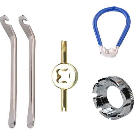 Kit clés à rayons vélo : 5 démonte-pneus, clé jante, extracteur pignon, bague verrouillage (1/4)