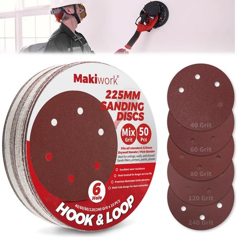 Lot de 50 Disques Abrasifs 225 mm Assortiment 5 Grains 40/60/80/120/240 6 Trous Auto-Agrippants pour Ponceuse Girafe Idéal Ponçage Mur Placo et Cloisons Sèches (1/5)