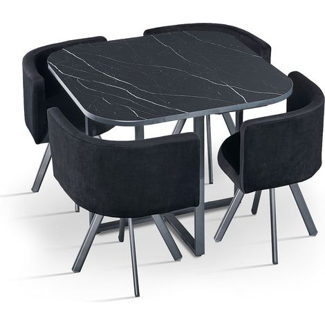 Table carrée 90cm avec 4 chaises gain de place Oslo Effet marbre noir et Velours Noir