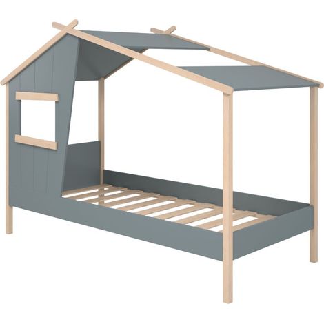 Lit maison 90x190 avec fenêtre en pin massif naturel et MDF laqué vert kaki - LUBINA (1/5)