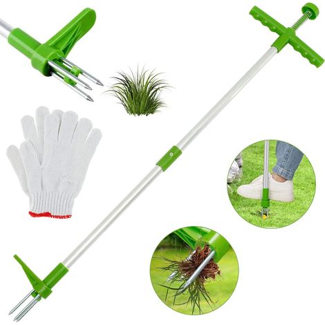 Extracteur de mauvaises herbes debout, 99 cm, manche long, griffe inox. Solide et léger, pour pelouse, jardin, terrasse. (Vert) (1/5)
