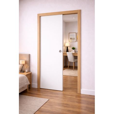 Porte Coulissante Blanc Pur Lacdor H204 X L73 Cm, Galandage, Kit Finition (coquille Et Tire Doigt) Gd Menuiseries