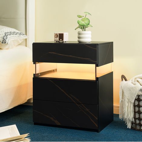 Mesita de noche LED de 3 cajones con panel acrílico, almacenamiento, negro y dorado DESVIAE (1/5)