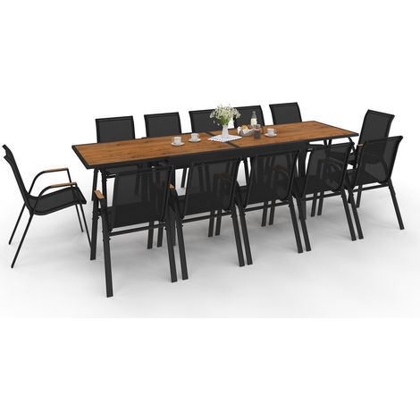 Gartenmöbel NOUMEA Ausziehbarer Tisch 135/270 cm Platte in Holzoptik und 12 stapelbare Stühle schwarz und Holz (1/5)