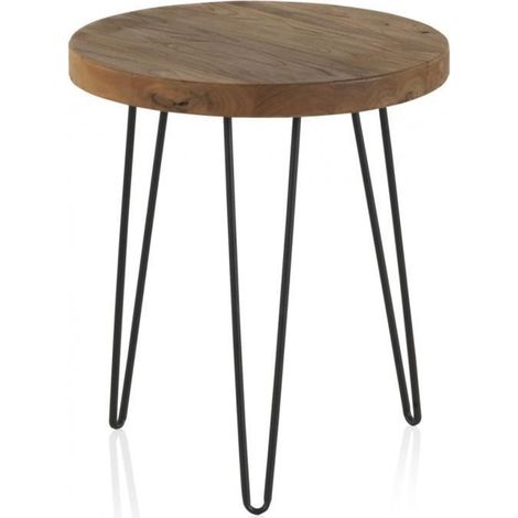 Table d’appoint en bois d’Olm vieux coloris naturel avec pieds en métal noir - Ø 46 x Hauteur 52 cm (1/2)