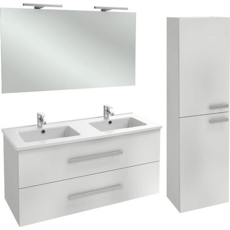 Meuble double vasque 120 cm JACOB DELAFON Ola Up blanc brillant + colonne + miroir et spots (1/3)
