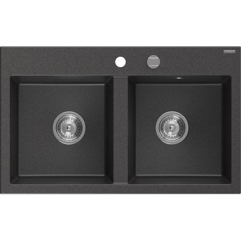 Mexen Hektor évier en granit 2 bacs 800 x 480 mm, noir moucheté, siphon chromé - 6521802000-76 (1/5)