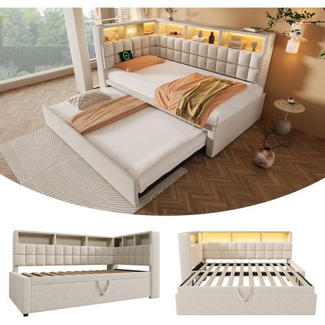 Polsterbett 90x200 mit Ausziehbett und LED, Gästebett ausziehbar auf 180x200, Schlafsofa mit Bluetooth, USB & Stauraum, Leinen Beige (1/5)