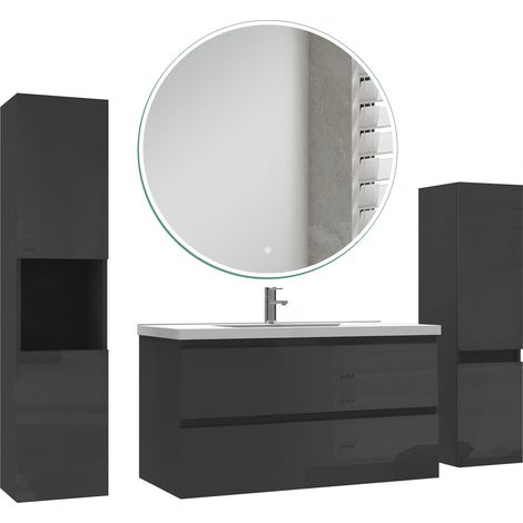 Ocean Ensemble de Meuble salle de bain 99cm + miroir led rond + colonne 110cm + colonne 131.5cm, noir Haut Brillant