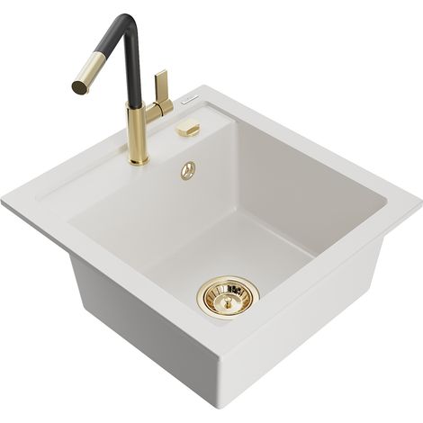 Mexen Vito lavello in granito 1-vasca con miscelatore cucina Flora, bianco - 6503-20-670401-57-G (1/5)