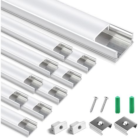 Lot de 10 profilés LED en aluminium argenté en forme de U avec couvercle blanc laiteux, embouts et clips de montage, profil d'extrusion en aluminium pour bandes LED U02 (1/5)