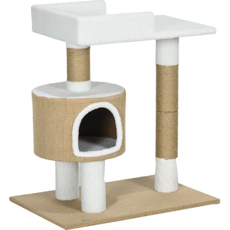 Katzenbaum 79 cm mit Nest und Ruheplattform, Sisal-Kratzbaum für Katzen bis 8 kg, Farbe Braun/Weiß (1/5)