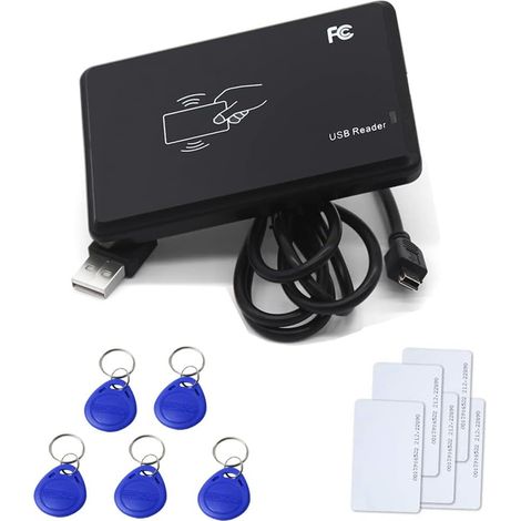 Lecteur RFID 125KHz Lecteur de Carte d'identité Lecteur de Carte sans Contact 14443A avec Interface USB + 5 Porte-clés EM4100 / TK4100 + 5 Cartes RFID (1/5)