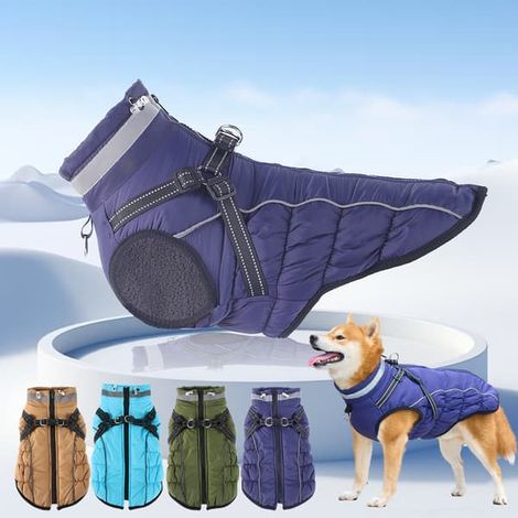 Veste imperméable pour chien avec harnais intégré - veste d'hiver chaude pour chiens - veste polaire réfléchissante - vestes pour chiens par temps froid - bleu - S (1/5)