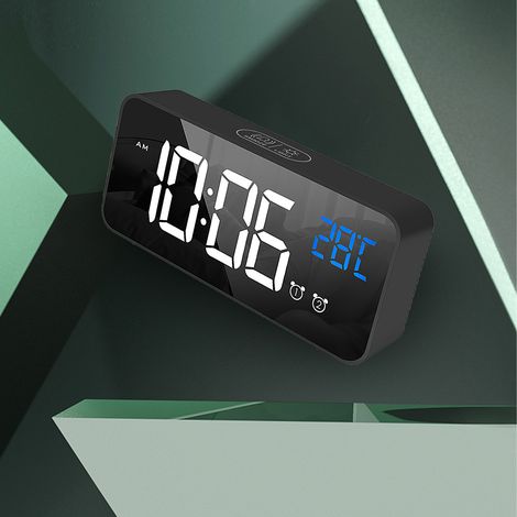 Réveil LED électrique multifonctionnel avec surface miroir élégante et silencieuse, idéal pour la maison, la chambre ou le bureau (noir) (1/5)