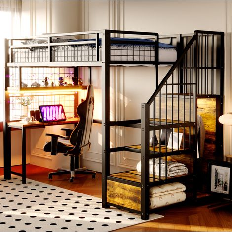 Lit mezzanine métal et MDF noir 90x200 cm avec bureau, étagères, escalier de rangement et prises (1/5)