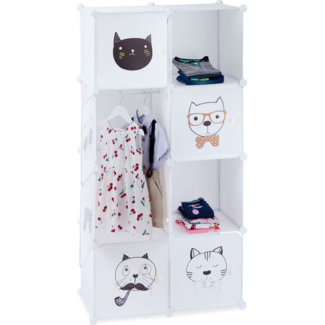 Relaxdays Modular Interlocking Closet Unit, Cat Design, 7 Cubicles, Clothes Rail, Cupboard HxWxD: 145x74x36.5 cm, White