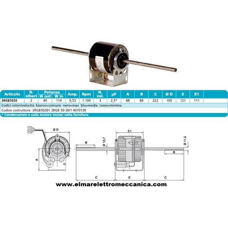 ELCO 3RGB 50-30/1 Motore 114 W BIALBERO 6 Velocità aspiratore Fan Coil