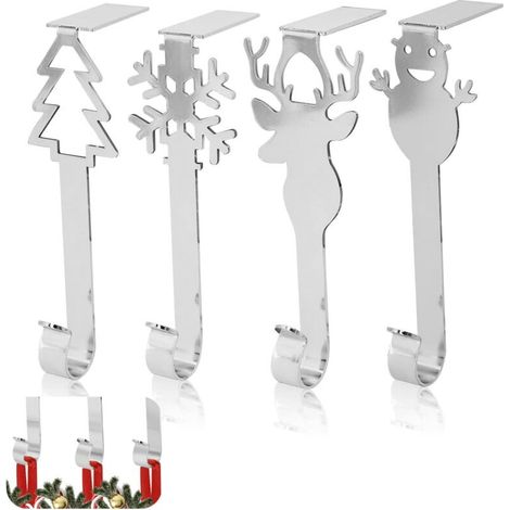 Set di 4 ganci per calze natalizie, ganci per ghirlande natalizie per camino, ganci per decorazioni natalizie, clip per calze, argento