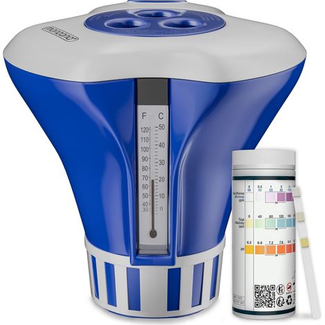 MONZANA® Dosierschwimmer Pool für 20-200g Tabletten inklusive 150 3in1 Teststreifen Klein Groß UV- Resistent Chlor Schwimmer Dosierer mit Thermometer