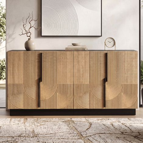 Vetrina 160x42x76 cm con 4 ante e dettagli in rilievo, contenitore per soggiorno o sala da pranzo, MDF nero e naturale (1/5)