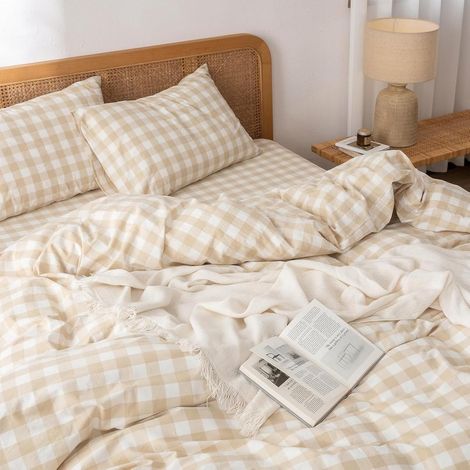 Housse de Couette 220x240 Carreaux Vichy Beige Blanc Grille avec 2 Taies d'oreiller 65x65cm Parure de lit 2 Personnes Adulte Ado Sets de Housse Couette en 100% Microfibre avec Fermeture Éclair