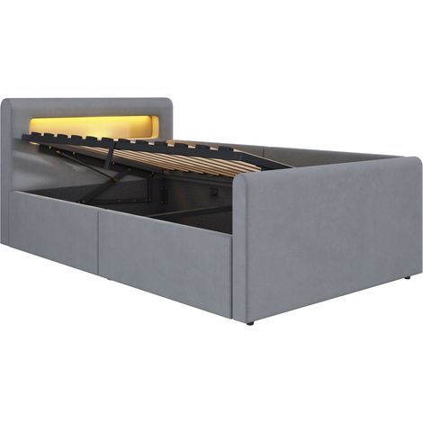 Letto per bambini imbottito 90x200 cm con LED, USB, vano contenitore idraulico, velluto grigio (1/5)