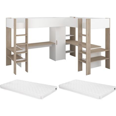 Letto matrimoniale angolare a soppalco 2x90x200 Con vani e scrivania Bianco e Naturale + Materasso  - LASCANO (1/5)