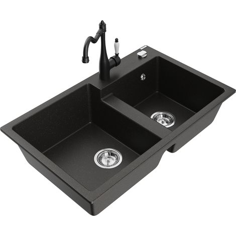 Mexen Tomas lavello da cucina in granito a 2 vasche con rubinetto Carla, nero/oro metallizzato - 6516-75-670700-70 (1/5)