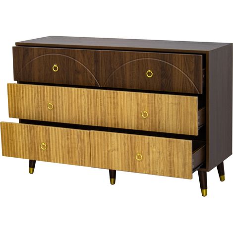 Buffet nature en MDF avec 6 tiroirs, 120 x 40 x 81 cm, modernes pieds coniques en bois pour salon et entrée (1/5)